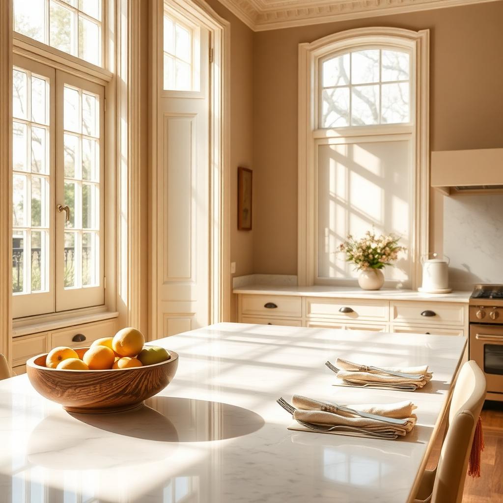 A sunlit private residence kitchen