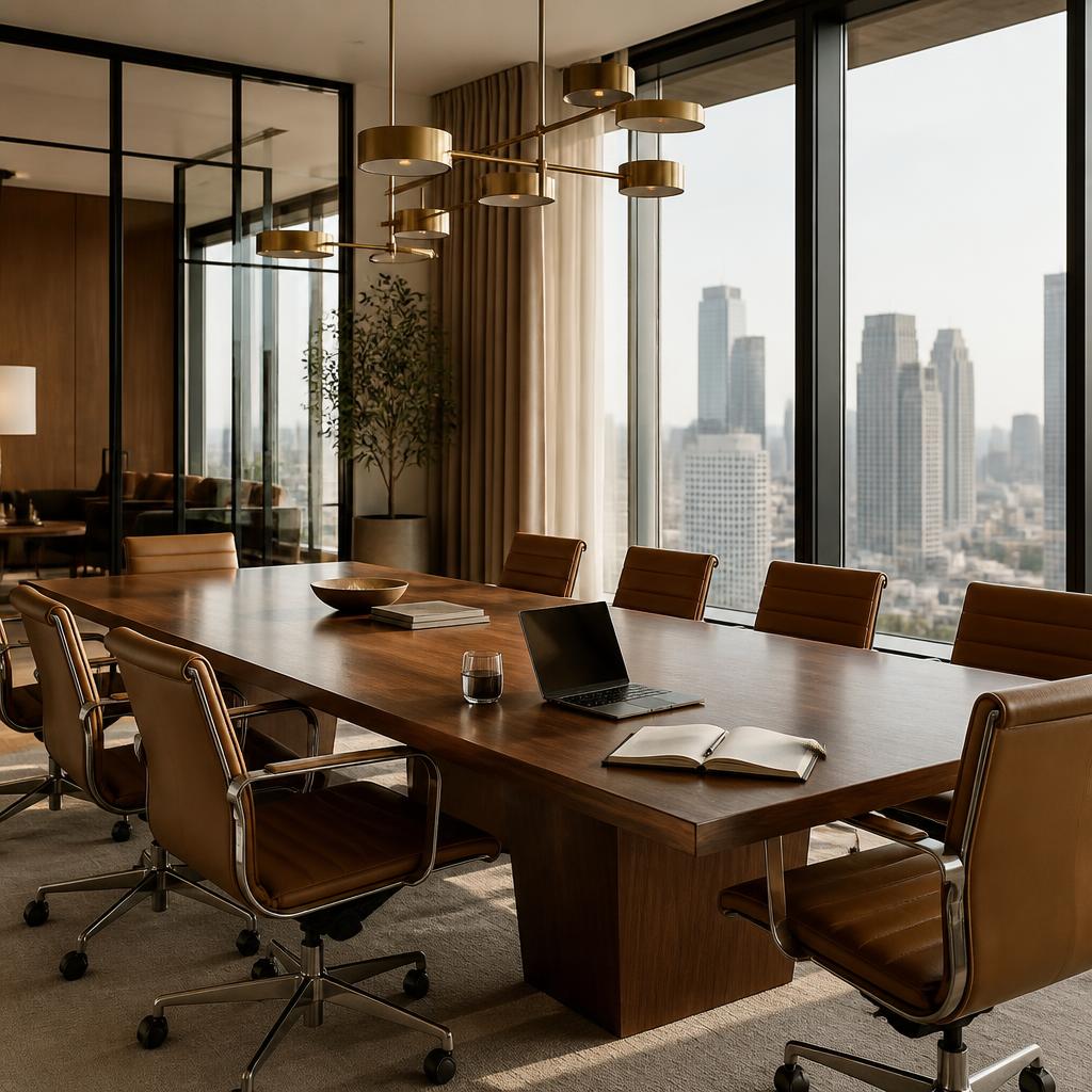 A modern tech founder conference room with city views